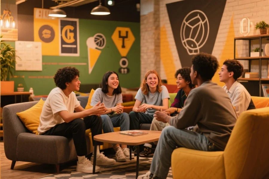 一群多元化的年轻人在温馨的休闲空间里，一起围坐交流，背景可以看到带有体育元素的装饰