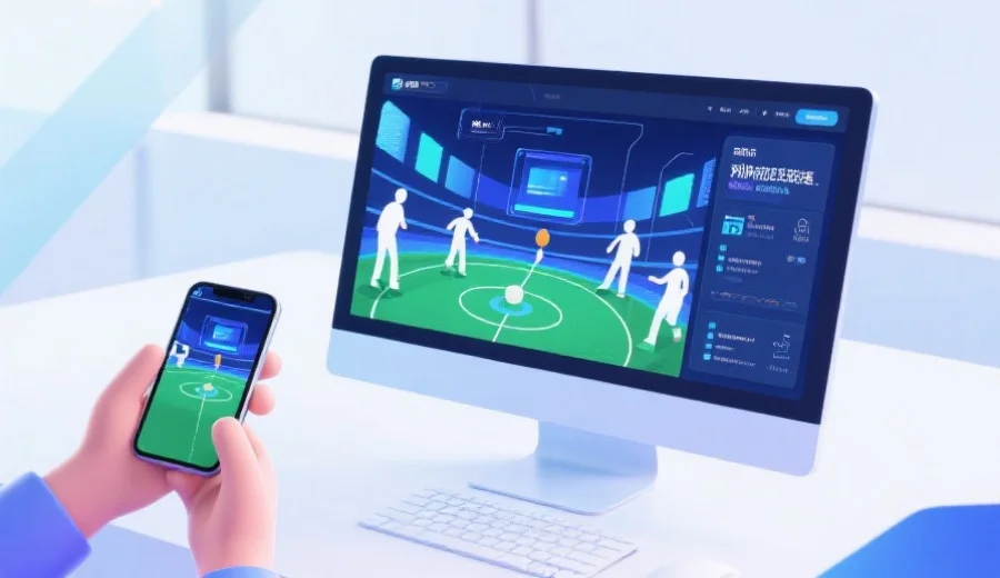 抽象风格展示智能科技与数字化平台界面，用户通过手机或电脑参与体育娱乐