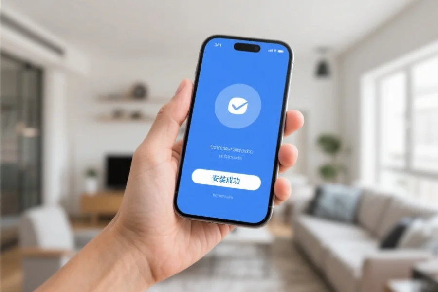 移动设备屏幕上显示“安装成功”提示，用户手持手机露出轻松微笑，背景为现代家居环境