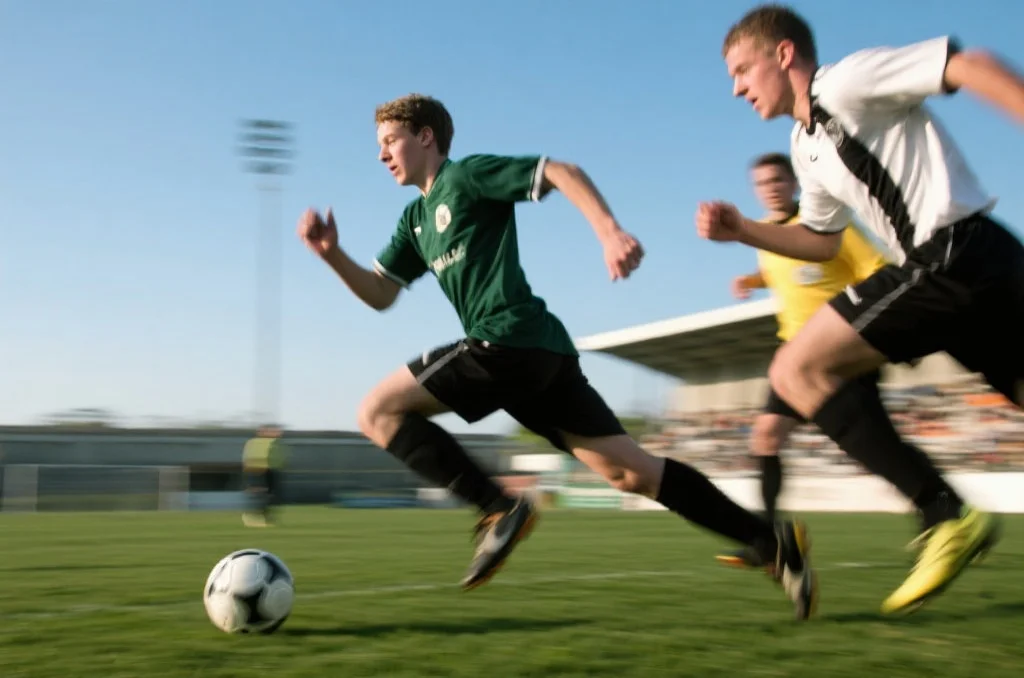 一位年轻足球边锋高速冲刺，带球突破对方防守队员，画面充满动态张力