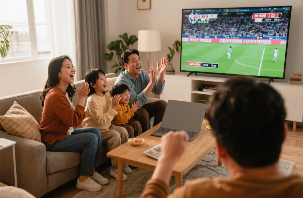 一家人围坐在客厅的大屏电脑前，气氛热烈地观看体育赛事直播，大家表情兴奋，彼此互动