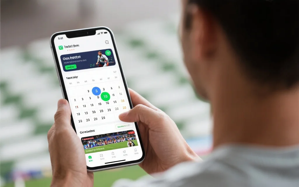 用户在体育娱乐平台上浏览赛事日历与实时比分界面，显示丰富比赛内容